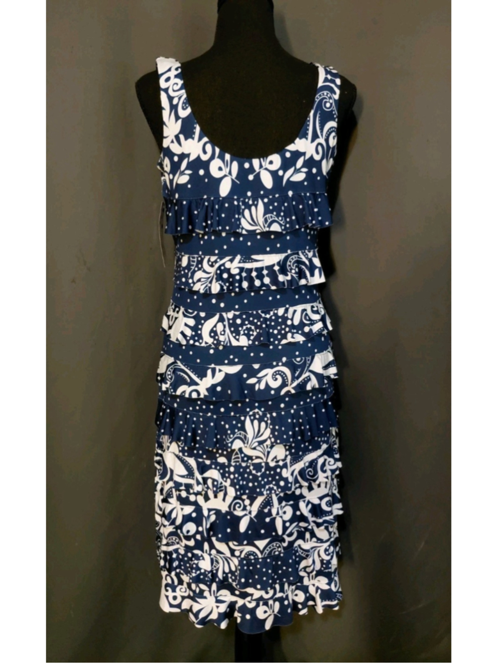 Tango Mango Blue White Abstract Polka Dot Ruffle Shift Dress Stretch P/S NWT - Picture 3 of 5